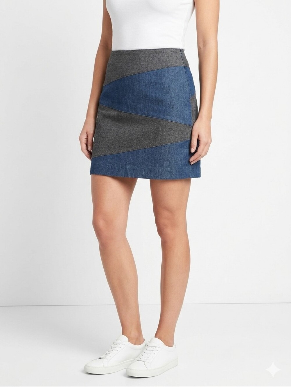 Sandro Paris Colorblock Patchwork Denim Mini Skirt Grey Blue Size 6 Stretch